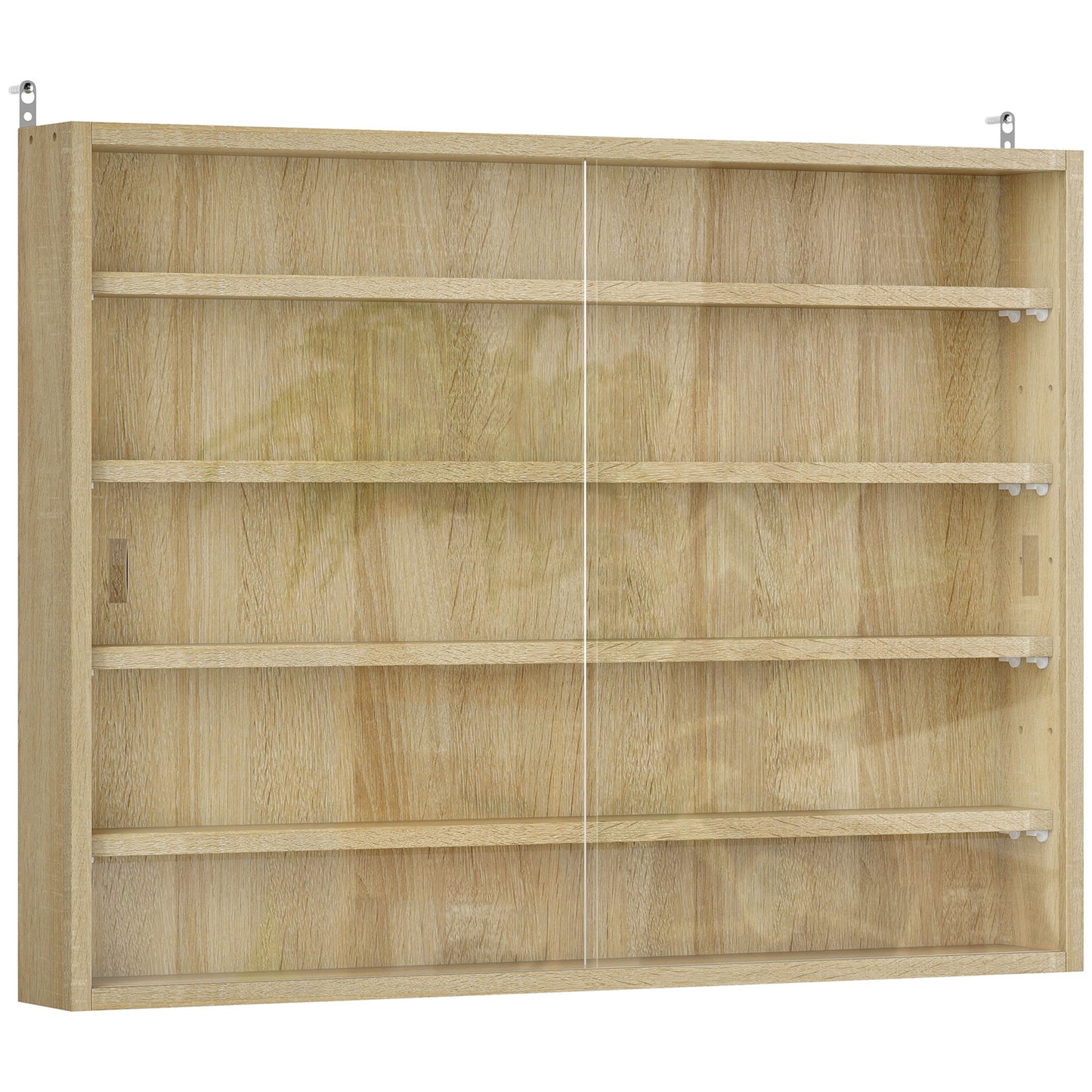 HOMCOM 5-Tier Wall Display Shelf Unit Cabinet w/ 4 Adjustable Shelves Glass Doors Home Office Ornaments 60x80cm Oak