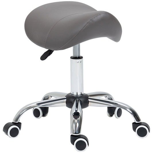 HOMCOM Cosmetic Stool 360√Ç¬∞ Rotate Height Adjustable Salon Massage Spa Chair Hydraulic Rolling Faux Leather Saddle Stool, Grey