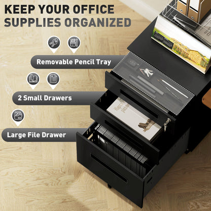 Vinsetto Metal Mobile File Cabinet with Wheels, Lockable 3 Drawer Filing Cabinet for A4, Legal, Letter, Under Desk Storage Unit with Pre-Assembled Body for Home Office, 39 x 48 x 60cm, Black
