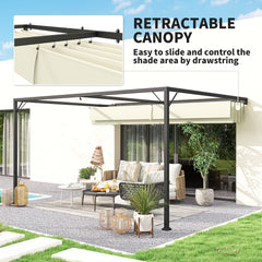 Outsunny 4 x 3(m) Outdoor Pergola Retractable Canopy Wall Mounted Gazebo Patio Shelter Sun Shade, Cream White