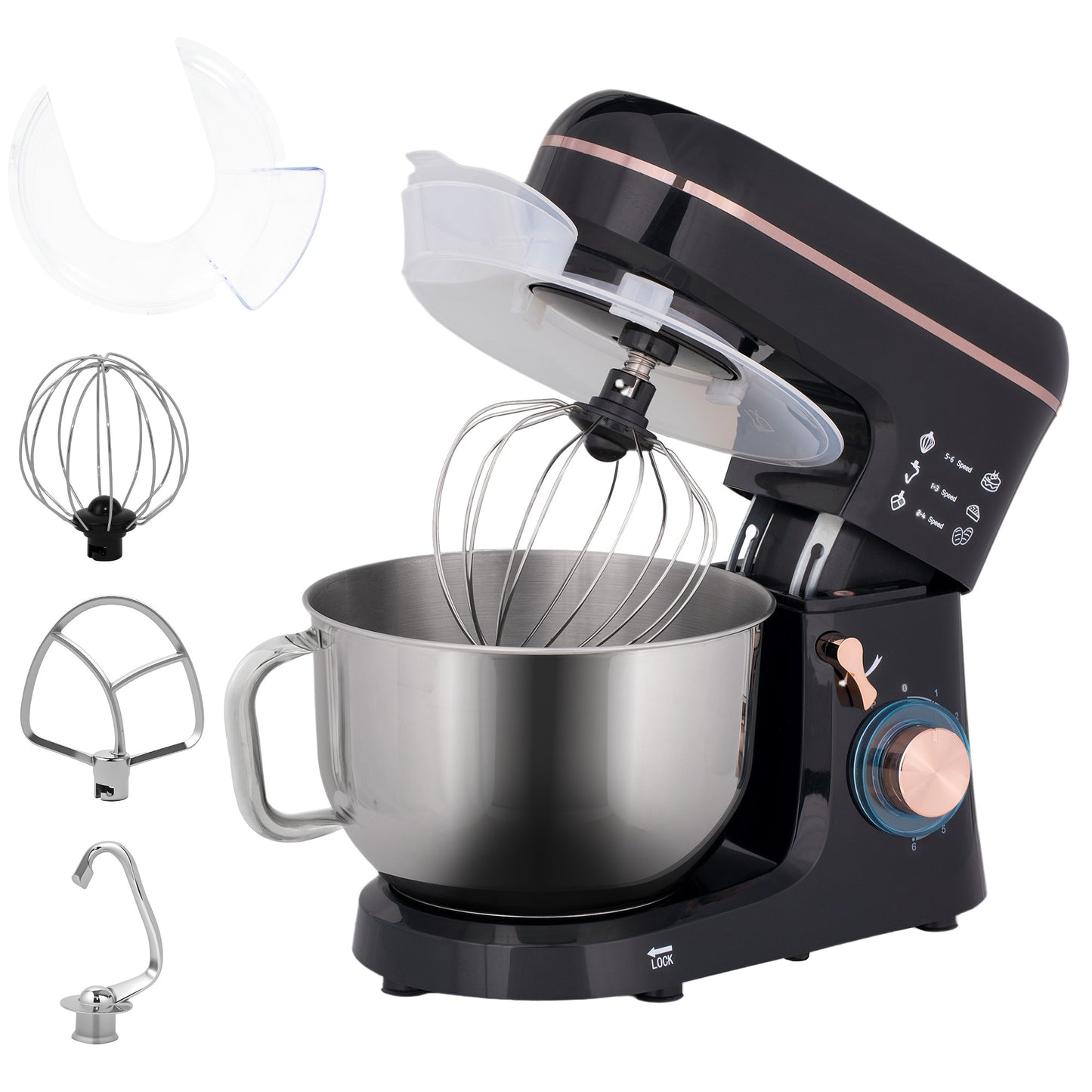 HOMCOM Stand Mixer, 5L Food Mixer for Baking, 6 Speeds and Pulse Setting, 1400W Cake Electric Kitchen Mixer with Dough Hook, Whisk, Stainless Steel Bowl, Splash Guard, Beater, Black