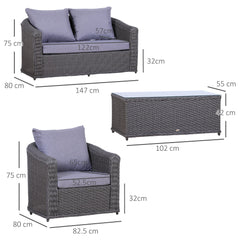 Outsunny Deluxe Round PE Rattan Garden Furniture Set, Fully-assembly Outdoor Sofa Set with Armchair, Loveseat, Glass Top Coffee Table, Aluminium Frame, Cushion, Grey