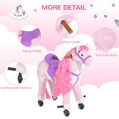 HOMCOM Plush Walking Horse Ride On Toy with Wheels and Realistic Sounds Rocking Horse for Girls Boys 3+ Years Old, 50cm Tall, Pink