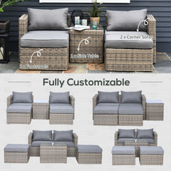 Outsunny 5 Piece Rattan Garden Furniture Set w/ 10cm Thick Cushions, Aluminium Frame Wicker Outdoor Balcony Sofa Set with Corner Armchairs, Ottomans, and Glass Top Table, Mixed Brown