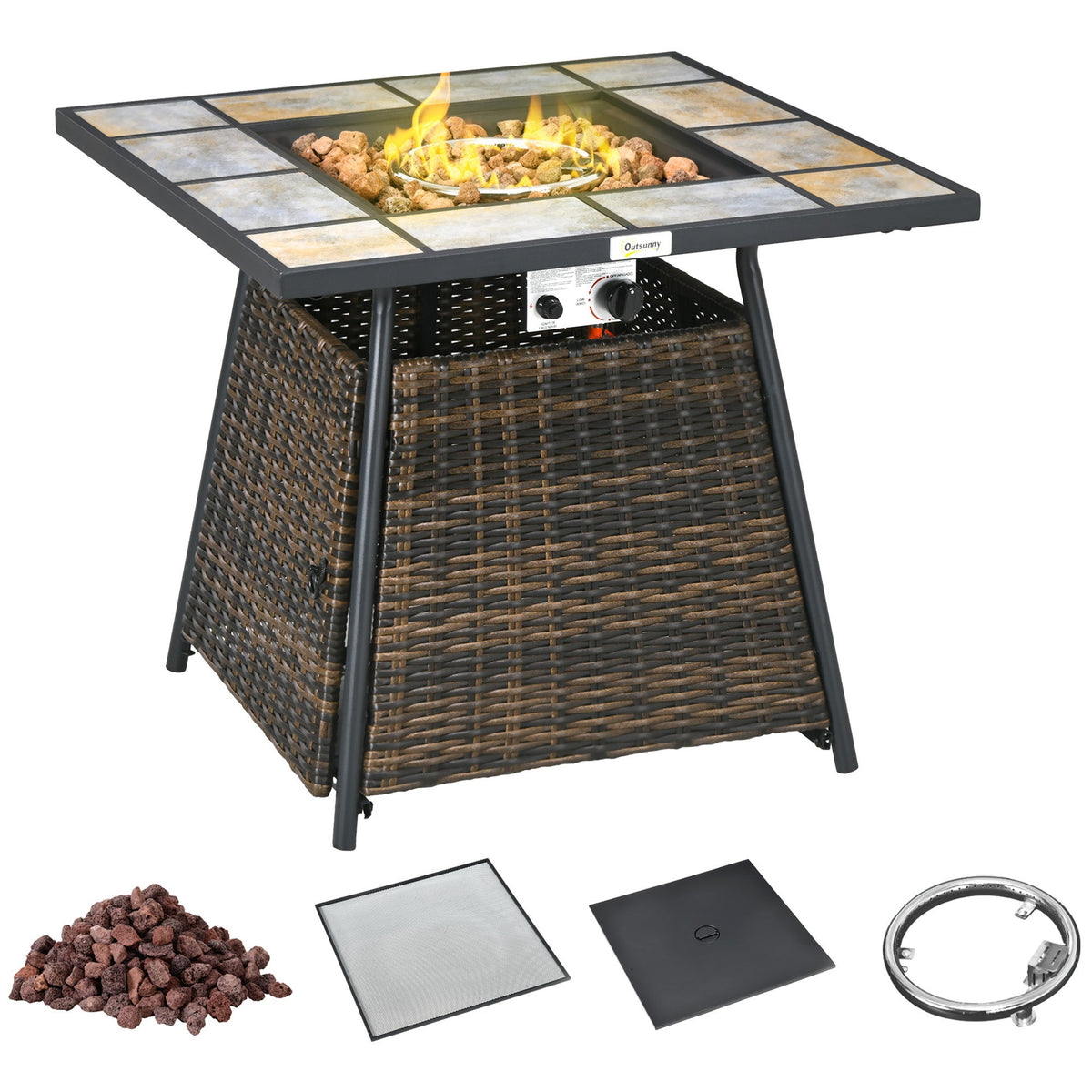 Outsunny Square Outdoor PE Rattan Fire Pit TableGas Burner Heater w/ Control Panel, Slate Top, Lid and Lava Rocks, 50,000 BTU