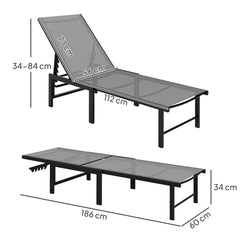 Outsunny Sun Lounger for Garden, 5-Level Adjustable Reclining Sun Lounger Chair, Flat Garden Lounger Sunbed with Texteline Seat, Steel Frame for Patio, Beach, Grey