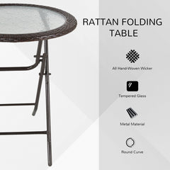 Outsunny Folding Round Tempered Glass Garden Table with Brown Rattan Edging