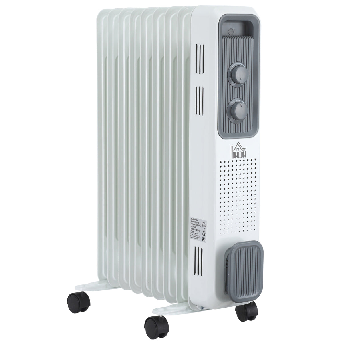 HOMCOM 2000W Oil Filled Radiator, 9 Fin, Portable Electric Heater with 3 Heat Settings, Safety Cut-Off and Wheels, White