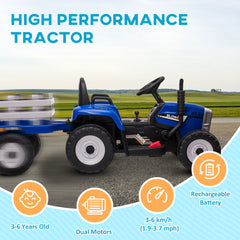 HOMCOM Ride On Tractor, Battery Powered Electric Car, with Detachable Trailer, Remote Control, Music - Blue