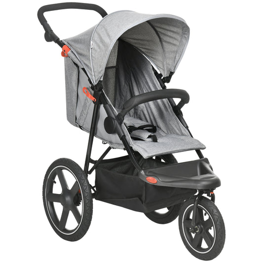 HOMCOM Foldable Three-Wheeler Baby Stroller w/ Canopy, Storage Basket - Grey