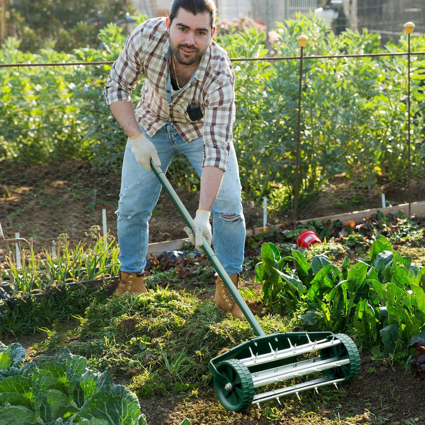 Lawn Spike Aerators Manual Grass Roller with Protective Fender