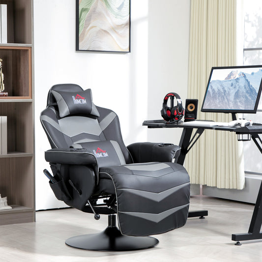 HOMCOM Massage Recliner Chair with Remote, PU Leather Recliner Armchair with Cup Holders and Side Pockets, Racing Style Reclining Chair with Headrest, 360√Ç¬∞ Swivel, Lumbar Support, Grey