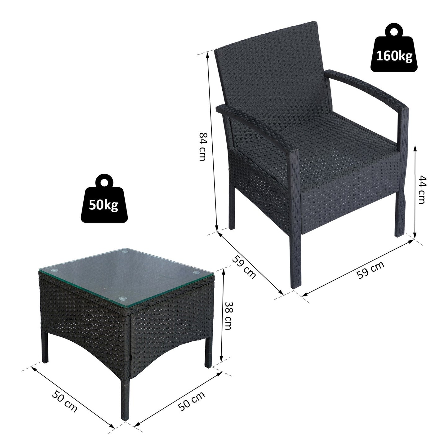Outsunny 2 Seater Rattan Bistro Set, Steel-Black