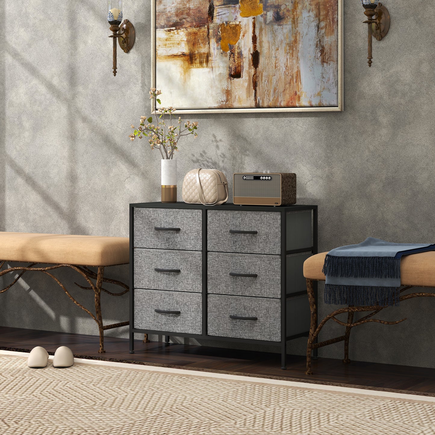 HOMCOM Fabric Chest of Drawers, Storage Drawers, Industrial Bedroom Dresser with 6 Fabric Drawers, Steel Frame and Wooden Top for Nursery, Living Room, Hallway, Black