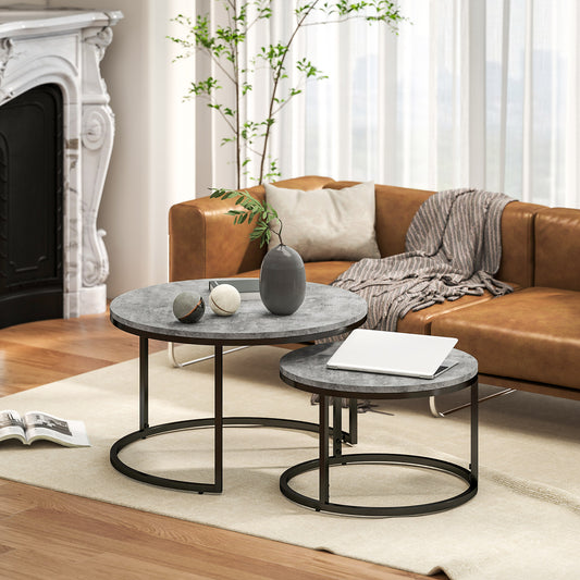 HOMCOM Set of Two Marble-Effect Stacking Tables - Grey/Black