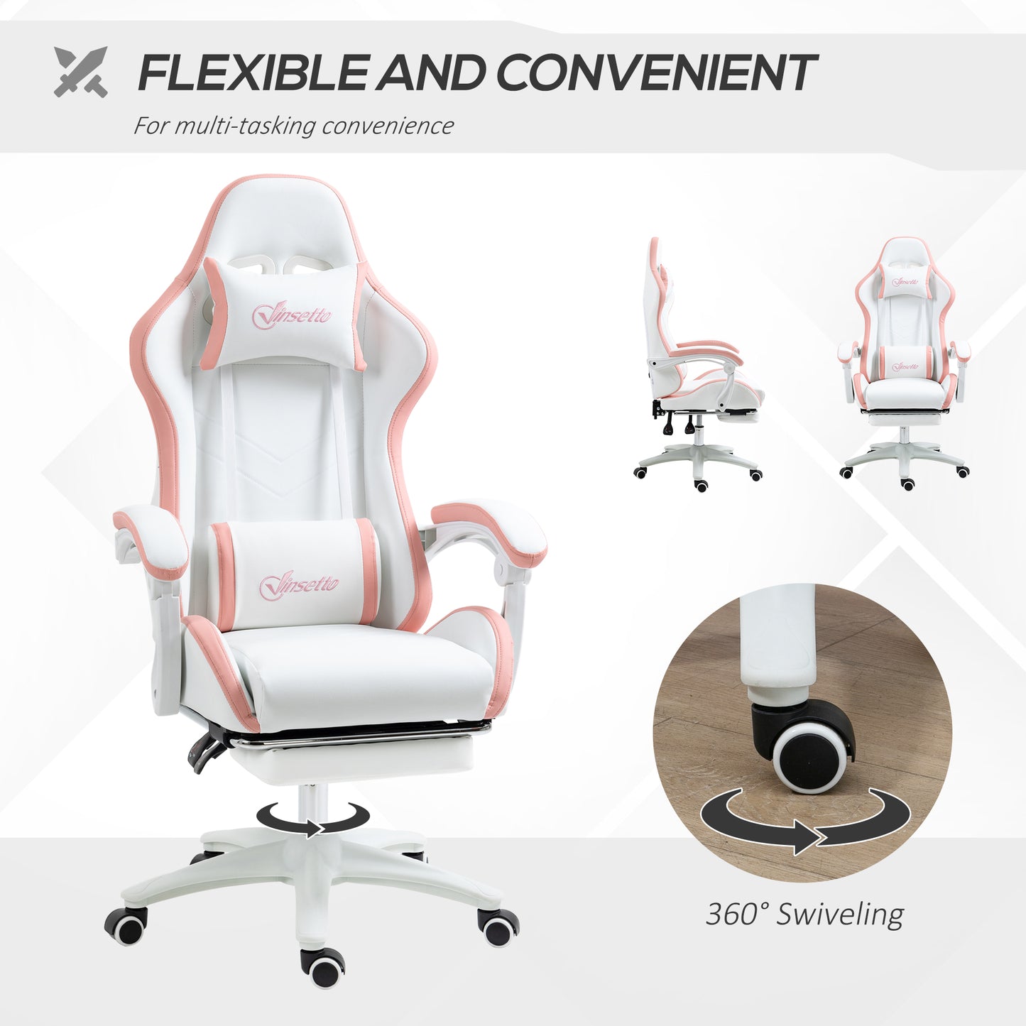 Vinsetto Computer Gaming Chair, PU Leather Desk Chair with Footrest, Swivel Task Chair with 135√Ç¬∞ Reclining Back and Lumbar Support, PC Chair for Adults, White and Pink