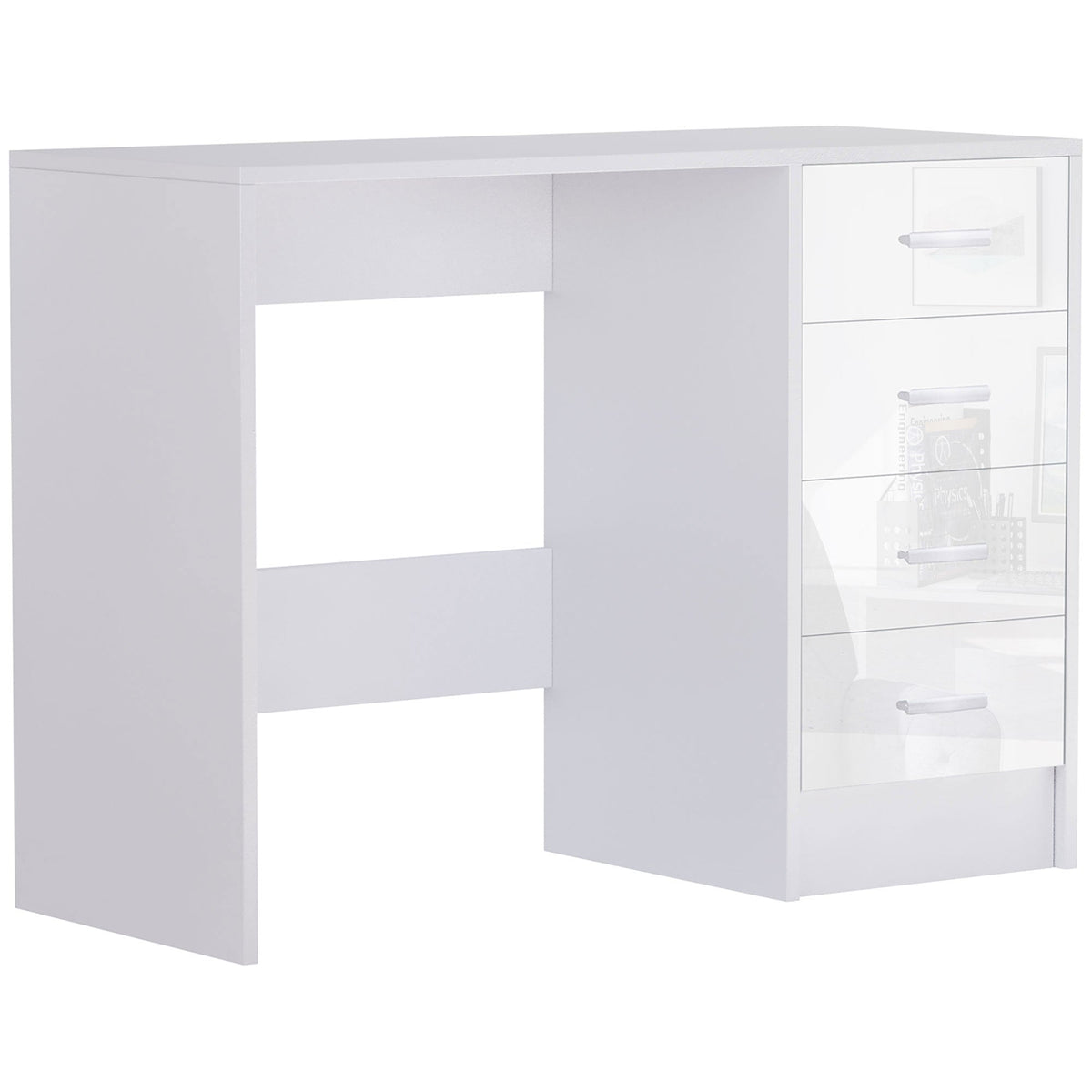 HOMCOM Computer Desk with Drawers, Dressing Table, High Gloss Home Office Writing Workstation, White