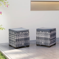 Outsunny Set of 2 Rattan Storage Ottoman, Outdoor Footstool with Removable Cushions, Garden Storage Seat for Balcony, Poolside, Living Room, Dark Grey