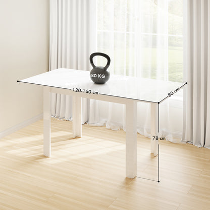 HOMCOM Extendable Dining Table, 120-160 x 70cm Rectangular Kitchen Table for Small Spaces, Seats 4-6 People, High Gloss White