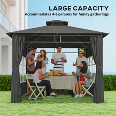 Outsunny 3 x 3 m Garden Gazebo, Double Roof Metal Gazebo with Removable Sidewalls and Church Windows, Outdoor Canopy Shelter, Dark Grey