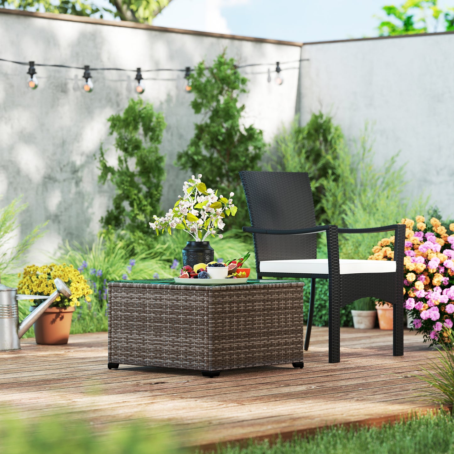 Outsunny 62 x 62cm Glass-Top Rattan Side Table - Dark Grey