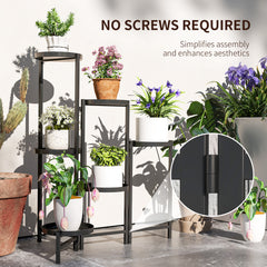 Outsunny 3 Tier Plant Stand Indoor Outdoor, Foldable Corner Plant Stands for Multiple Plants, Metal Round Flower Pot Holder for Patio Garden Balcony Living Room, Black