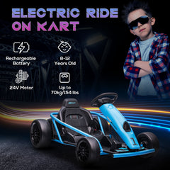 HOMCOM 24V Drift Kart, Electric Ride-On Racing Go Kart w/ 2 Speeds, Steering Wheel, Pedals for Kids Aged 8-12, Blue