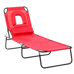 Outsunny Foldable Outdoor Sun Lounger Adjustable Backrest Reclining Chair with Pillow and Reading Hole Garden Beach, Red