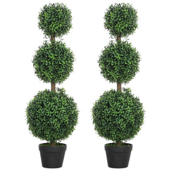 HOMCOM Set of 2 Decorative Artificial Plants, Topiary Ball-shaped Boxwood Trees in Pot, Fake Plants for Home Indoor outdoor Decor, 100cm, Green