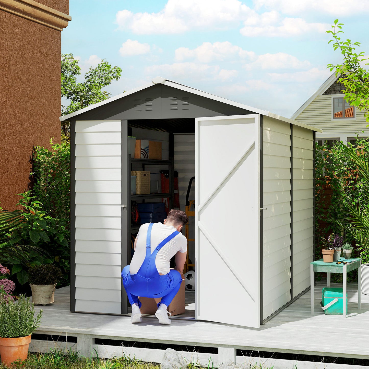 Outsunny 9x 6FT Metal Outdoor Garden Shed, Galvanised Tool Storage Shed w/ Sloped Roof, Lockable Door for Patio Lawn, Dark Grey