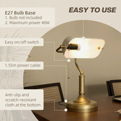 HOMCOM Banker's Desk Lamp with Antique Bronze Tone Base, Table Lamp with White Glass Shade for Home Office, White