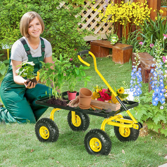 Outsunny Garden Trolley Cart, Heavy Duty Garden Cart with Metal Frame, 10" Pneumatic Wheels, Rotating Handle, 150kg Capacity, for Garden, Farm, Yellow