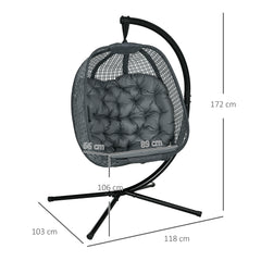 Outsunny Outdoor Swing Chair with Thick Padded Cushion, Patio Hanging Chair with Metal Stand, Egg Chair with Foldable Basket, Cup Holder, for Indoor and Outdoor, Dark Grey