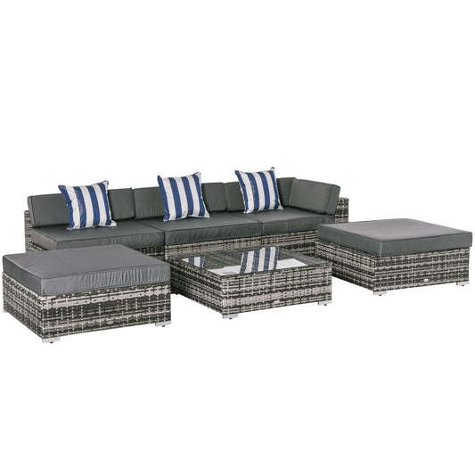 Outsunny 6 PC Rattan Sofa Coffee Table Set Sectional Wicker Weave Furniture for Garden Outdoor Conservatory w/ Pillow Cushion Grey