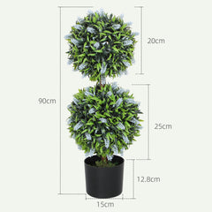 HOMCOM Set of 2 Decorative Artificial Plants Ball Trees with Lavender Flowers in Pot Fake Plants for Home Indoor Outdoor Decor, 70cm, Blue