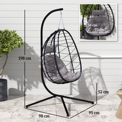 Outsunny Hanging Egg Chair Outdoor Indoor Garden Swing Chair with Folding Basket, Thickened Cushion, Garden Hanging Chair with Stand, Headrest for Patio, Balcony, Grey