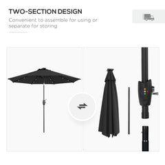 Outsunny 2.7m Garden Parasol Solar Outdoor Tilt Sun Umbrella Patio Sun Shade w/ 24 LED Light, Hand Crank and 8 Ribs, Black