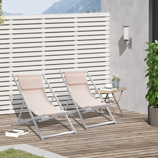 Outsunny Set of 2 Folding Garden Beach Aluminium Frame Deck Chairs Deckchairs Seaside Folding Garden Patio Lounger, Beige