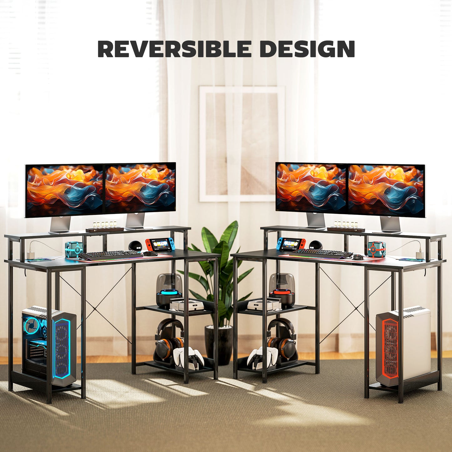 HOMCOM LED Computer Desk, with Power Outlets and Shelves - Black