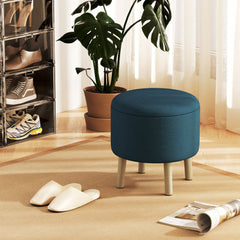 HOMCOM Round Linen-Look Storage Ottoman - Blue