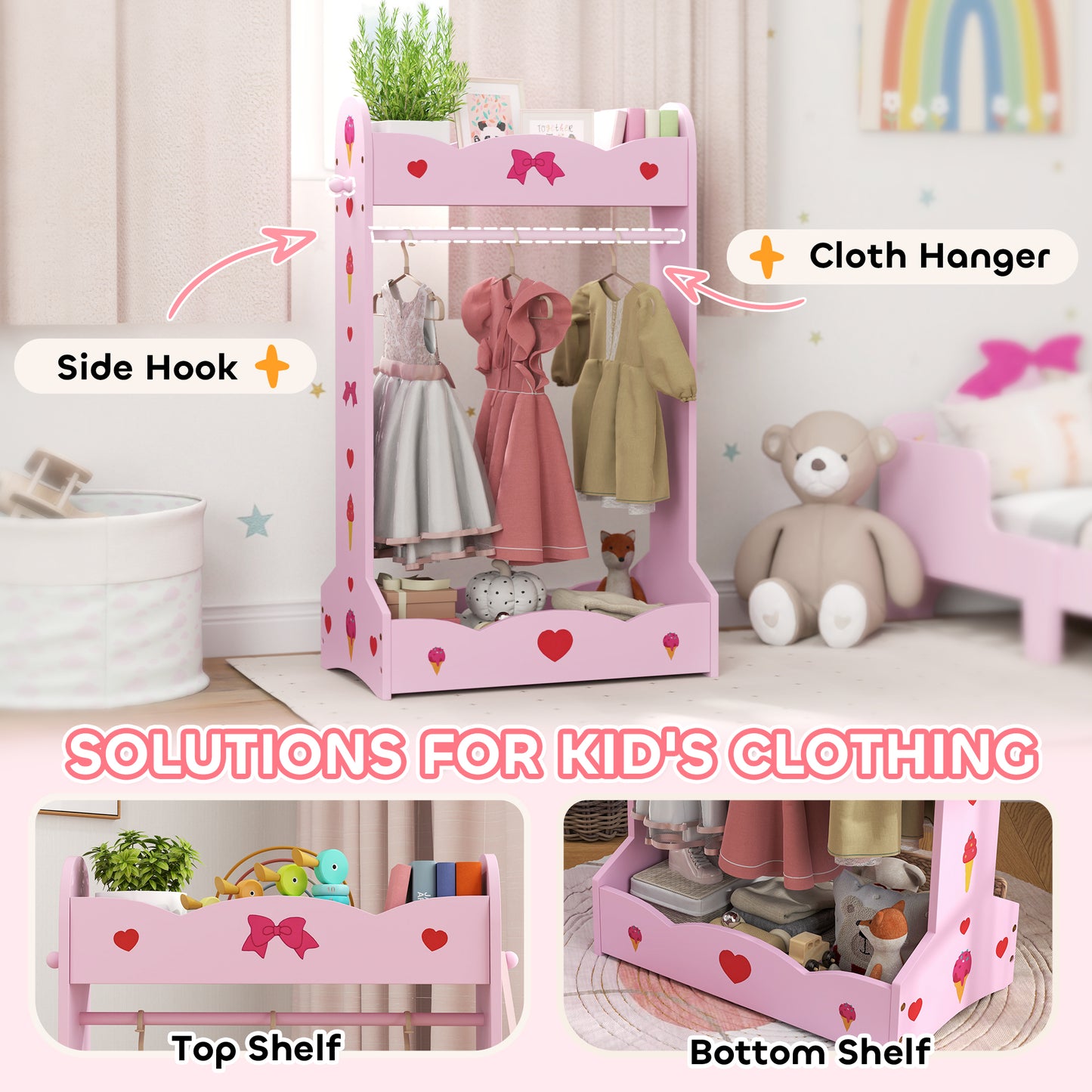 AIYAPLAY Kids Clothes Rail, Kids Dressing Mirror with 360√Ç¬∞ Rotating, 2 Piece Kids Furniture Set with Storage Shelves, Pink