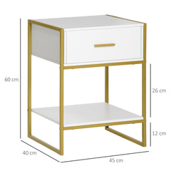 HOMCOM Modern Bedside Table, Nightstand with Drawer Shelf, Side Table for Living room, Bedroom White and Gold, Set of 2