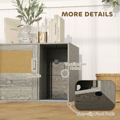 PawHut Boho Style Cat Litter Box Enclosure with Rattan Door, Scratching Mat, Toy Ball, Non-slip Foot Pads, 80 x 50 x 50cm, Grey