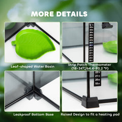 PawHut Glass Reptile Terrarium Insect Breeding Tank Vivarium Habitats with Thermometer for Lizards, Horned Frogs, Snakes, Spiders - Large 50 x 30 x 35cm