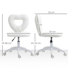 HOMCOM Armless Heart Computer Desk Chair, Teddy Fleece Swivel Office Chair, Makeup Vanity Chair with Height Adjustable, Wheels, for Home Study Bedroom, White