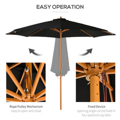 Outsunny 3(m) Garden Parasol, Pulley Operated Patio Umbrella, Wooden Table Market Umbrella with Rope Pulley Mechanism and 8 Ribs, Black