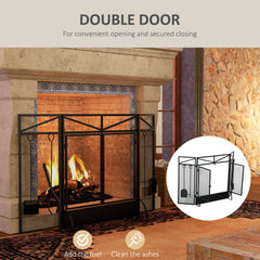 HOMCOM 3 Panel Folding Fire Guard Screen with Fireplace Tool Sets and Front Doors, Freestanding Fire Screen Spark Guard with Feet for Open Fire, Log Burner, Fireplace, 122 x77 cm, Black