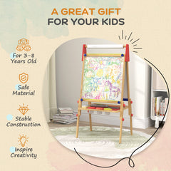 AIYAPLAY 3-in-1 Wooden Kids Easel with Paper Roll, Whiteboard, Chalkboard, Painting Accessories