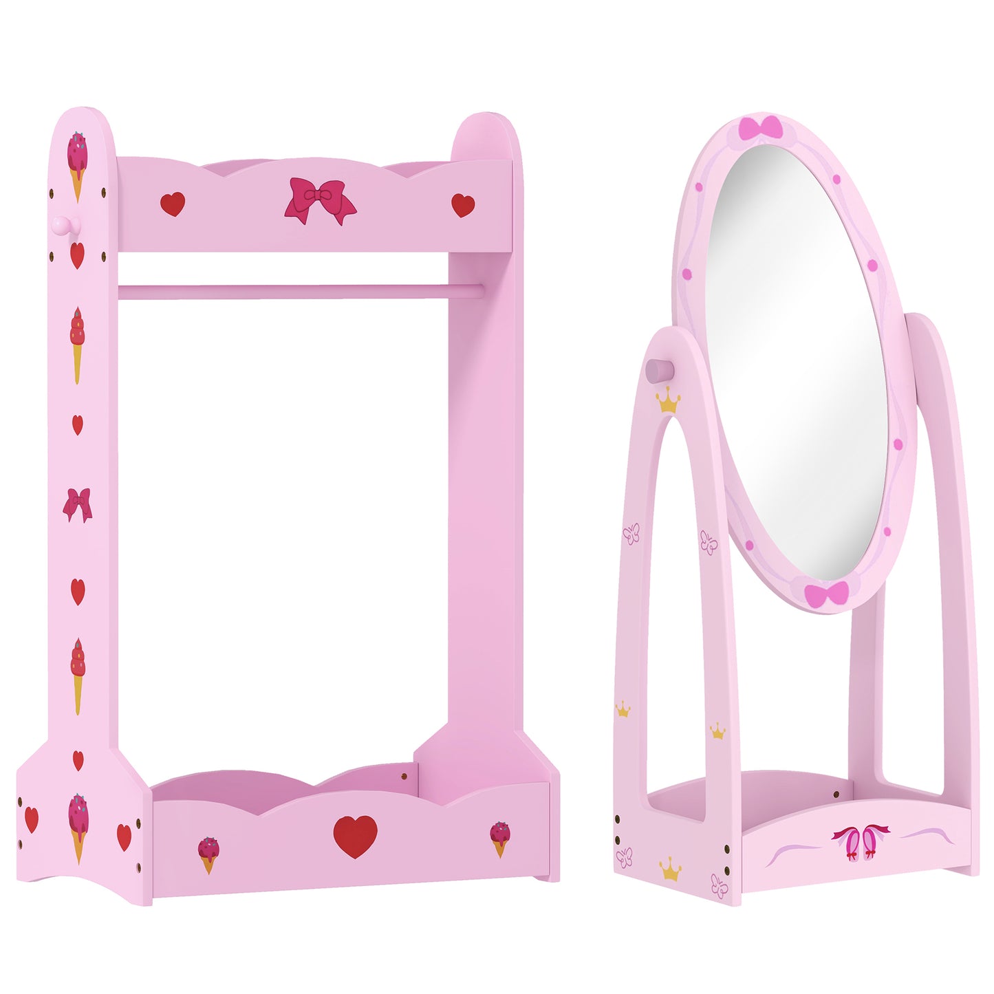 AIYAPLAY Kids Clothes Rail, Kids Dressing Mirror with 360√Ç¬∞ Rotating, 2 Piece Kids Furniture Set with Storage Shelves, Pink