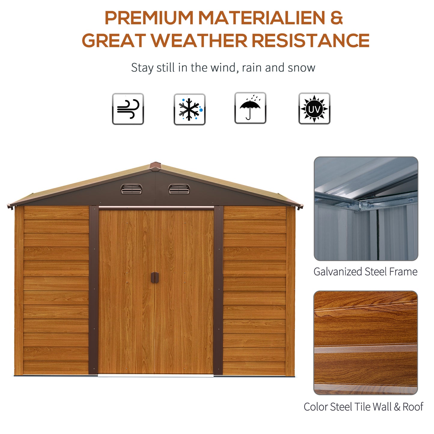 Outsunny 9 x 6ft Metal Garden Shed, House Hut Gardening Tool Storage with Ventilations, Sliding Door, Sloped Roof and Foundation Kit for Garden, Patio, Brown